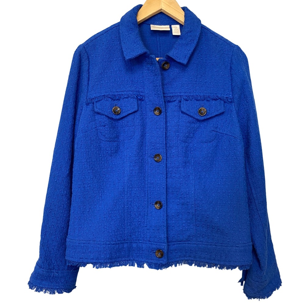 Chico's Royal Blue Textured Cotton Tweed Frayed‎ Hem Jacket Size 0